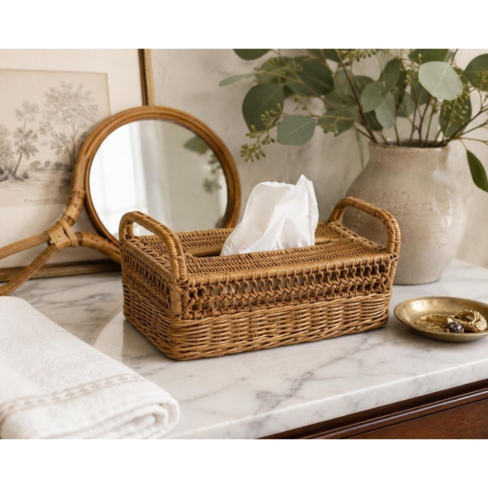 Vintage Rattan Vanity Set Mirror & Tissue Box Cover Coastal Boho‎ Bathroom Decor